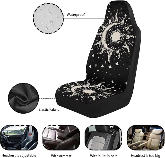 Gothic Sun Moon Car Seat Covers 2 Pcs, Waterproof Universal Front Seat Protector, Easy to Install Automobile Interior Decorate Accessories Universal Fit for Car SUV Trucks