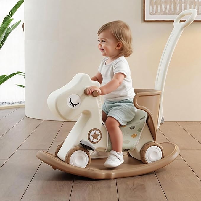 4 in 1 Rocking Horse for Toddlers 1-3, Baby Ride On Toys with Balance Board & Push Handle, Convertible Push Car, Birthday Gift for 1 Year Old Boys Girls (Tan)