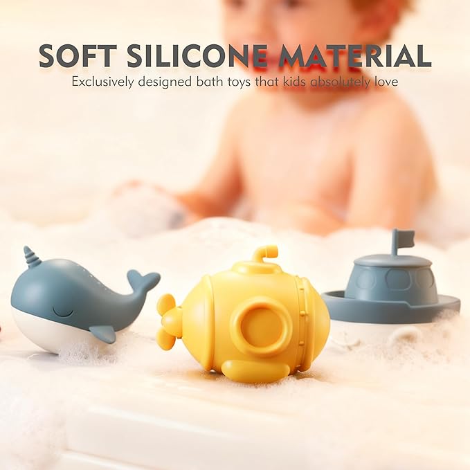 MarcZero Ocean Silicone Bath Toys 8Pcs for Toddlers Kids Babies,Bathtub Water Toys,Soft Squeezable Easy-Grip Pool Toys Set (Blue)