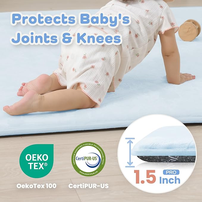 1.5" Thick Baby Play Mat for Floor, 39x59 Playpen Mat, Pro Soft Flannel Foam Mats Toddler Infant Kids Crawling for Nursery Rug Playroom Living Room Waterproof Easy Care Non-Slip (Baby Blue)