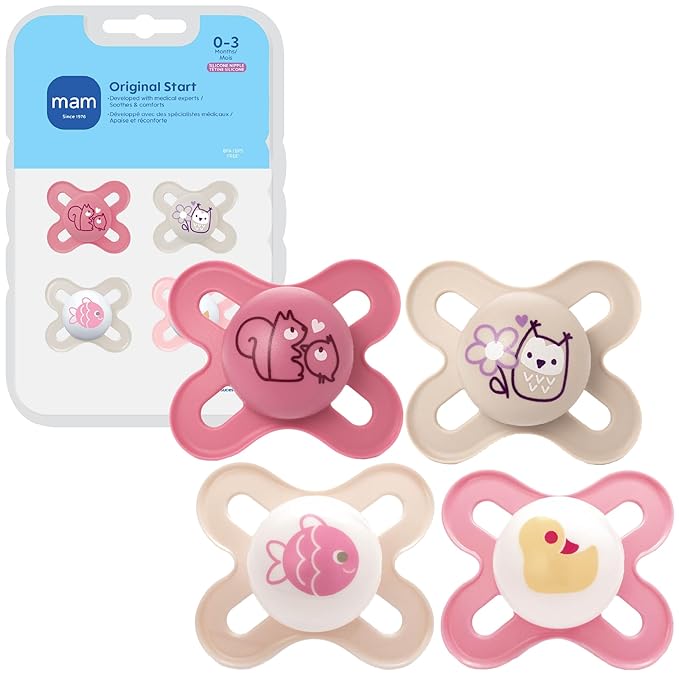 MAM Original Start Baby Pacifiers 0-3 Months, BPA-Free Skin Soft Silicone Nipple, Glows in The Dark, Developed with Medical Experts Specially for Smaller Newborn Mouths, 4 Pk, Made in Europe