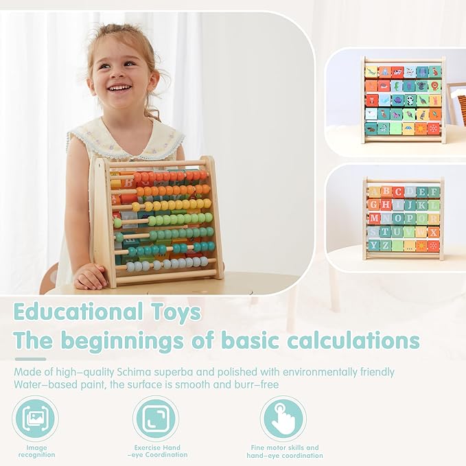 FReniland Wooden Activity Cube - Double-Sided Abacus & Alphabet Flip Tiles for Toddlers 18M+, Educational Learning Toy for Math and ABC Fun