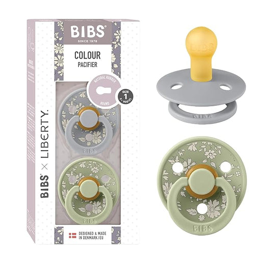 BiBS Liberty Pacifier 2-Pack, BPA Free Pacfiers with Natural Latex Round Nipple, Made in Scandinavia, Size 1 (0-6 Months), Capel Sage