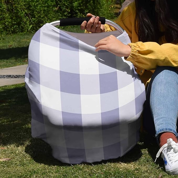 Purple White Plaid Car Seat Covers for Babies, Modern Geometric Checkered Lattice Nursing Breastfeeding Covers Stretchy Breathable Baby Carseat Canopy Cover for Girls and Boys Shower Gifts