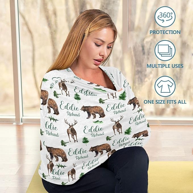 Personalized Baby Car Seat Cover for Boy Girl, Custom Woodland Deer Bear Nursing Covers for Breastfeeding with Name, Infant Stroller Cover, Baby Carseat Canopy for Newborn, Multiuse Car Seat Canopies