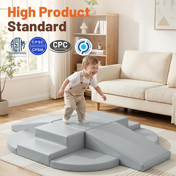 TODIBY 9-Piece Climbing Toys for Toddlers: Soft PU Leather Foam Blocks - Baby Climb and Crawl Activity Blocks - Kids Play Gym Equipment Indoor for Development(Grey)