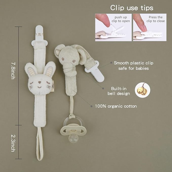 Pacifier Clip, 2 Pack Baby Pacifier Holder for Boys and Girls Fits Many Pacifiers & Baby Teething Toys, Ideal Baby Gift (Elephant&Rabbit)
