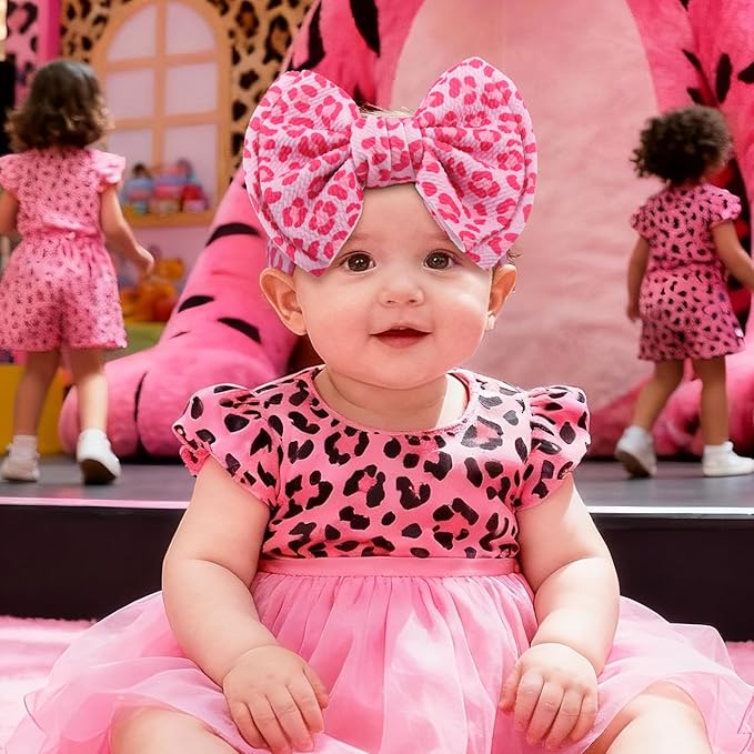 YanJie 7'' Bows for Baby Girl Pink Leopard Print Headbands for Girls Hot Pink Bow Toddler Hair Accessories Newborn Infant Baby Headband