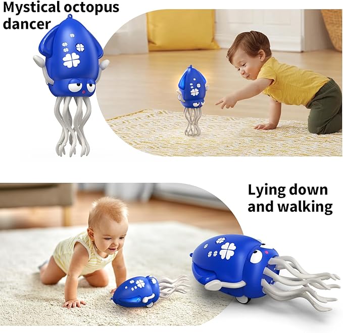 Electric Dancing Octopus Toy with Led Light and Music, Kids Electric Crawling Octopus Tummy Time Toy, Rechargeable Interactive Sensory Toys, for Christmas Birthday Gift (Blue)
