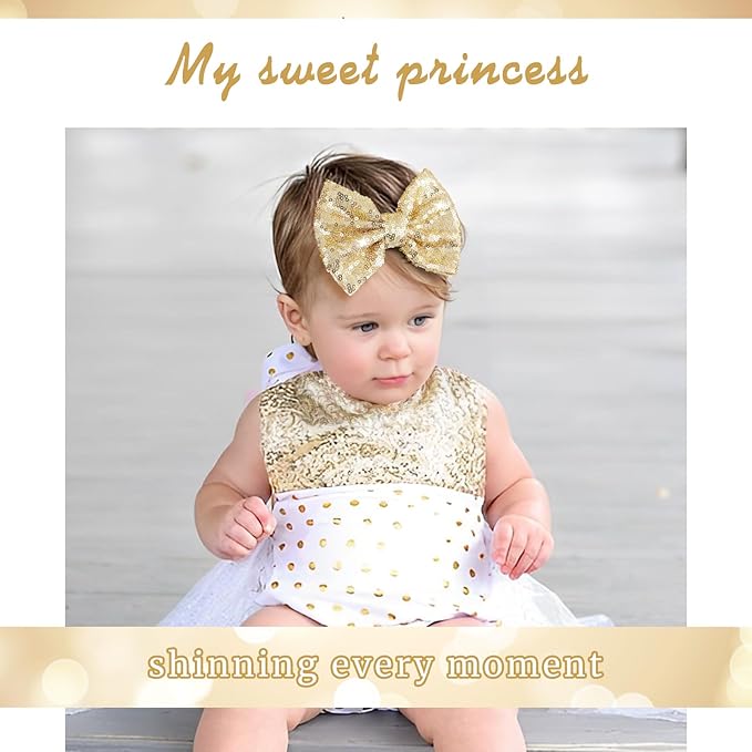 5 inch Glitter Sequin Gold Hair Bows and Clips for Baby Toddler Girls - Big Hair Accessories