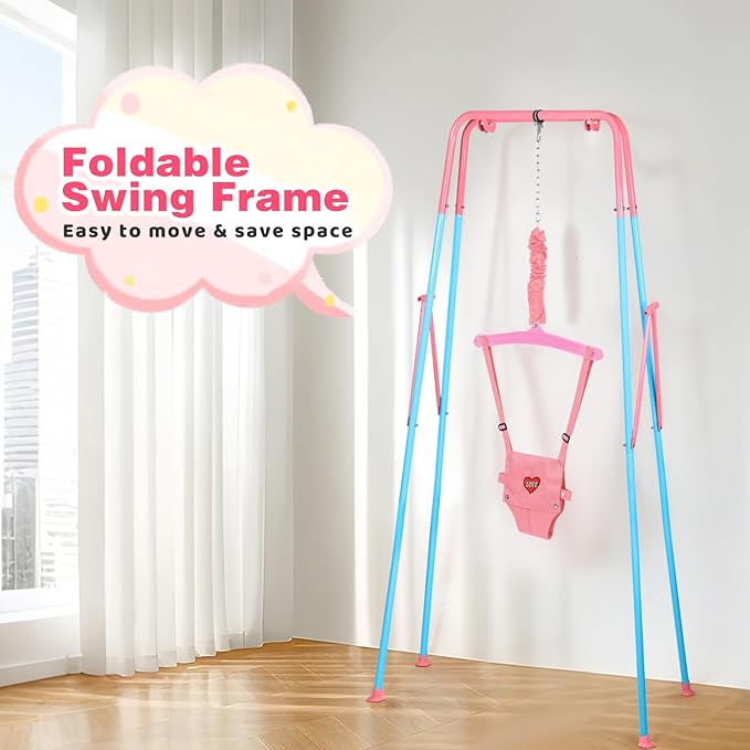 Baby Jumper, Indoor&Outdoor Baby Bouncer, Infant Jumper with Adjustment Strap for Boys Girls, Exercise Saddle Seat for Backyard, Easy to Assemble & Store (Pink)