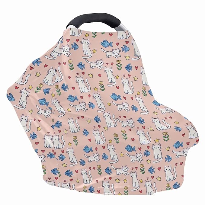 Wanyint Cat Fish Flower Star Pink Infant Car Seat Cover Cute Car Seat Cover for Babies, Carseat Canopy Baby Breastfeeding Stroller High Chair Shopping Cart Cover