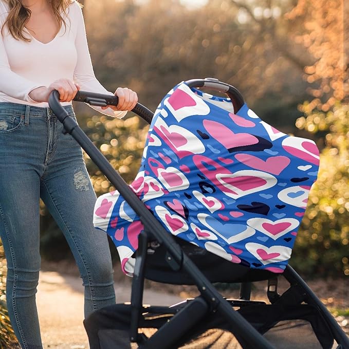 Love Heart Print Breathable Car Seat Canopies for Infant Girl Boys,Valentine's Day Theme Multi Nursing Cover Breastfeeding Cover Mom Scarf
