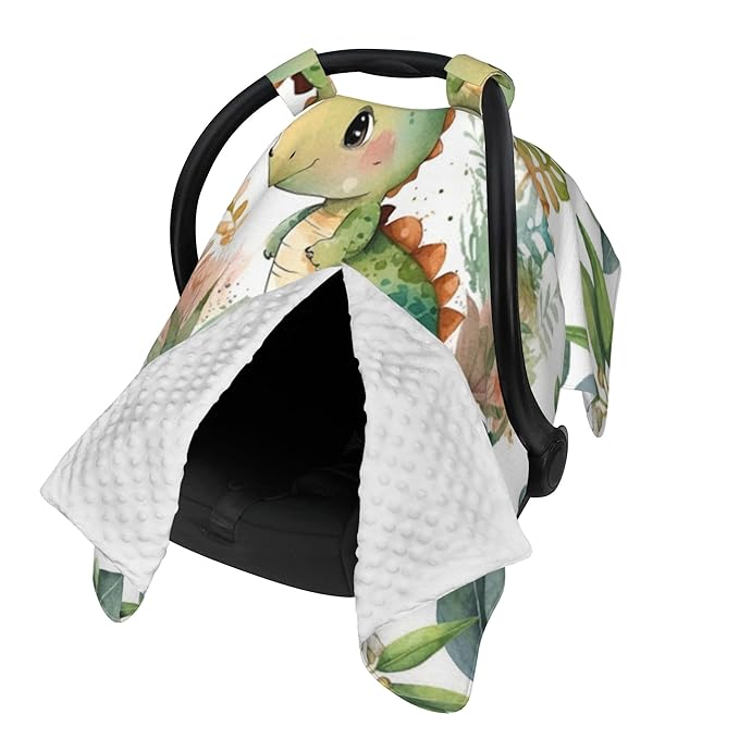 Personalized Winter Carseat Cover for Baby Custom Name Dino Car Seat Canopy for Newborn Baby Boys Girls 2 in 1 Mom Nursing Breastfeeding Covers Dinosaur Minky Baby Carrier Stroller Covers