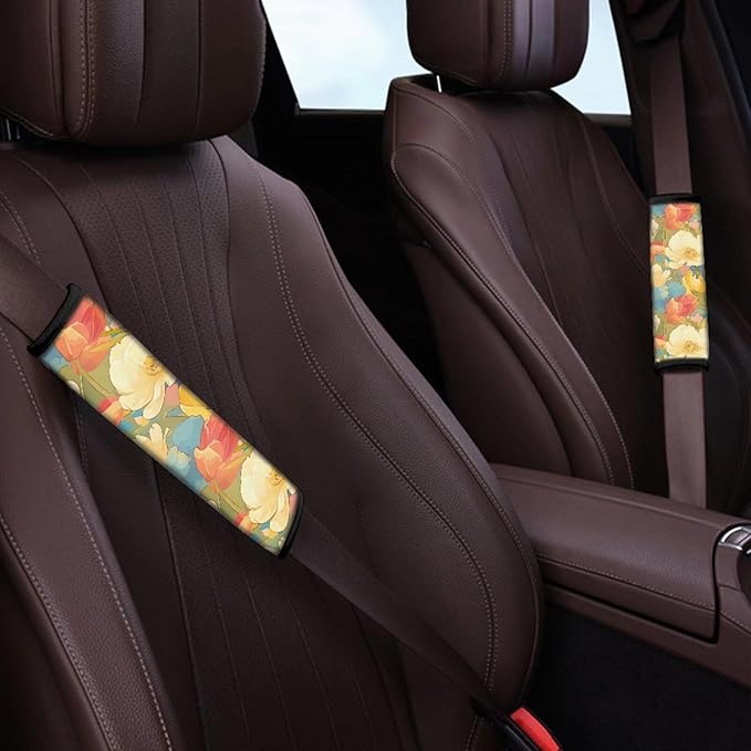 Watercolor Flower Pattern Set of 2 Pcs Car Seat Belt Pads Colorful Floral Painting Auto Seat Belt Cover Protects Shoulder Car, Truck, SUV, Backpack Strap Shoulder Pad