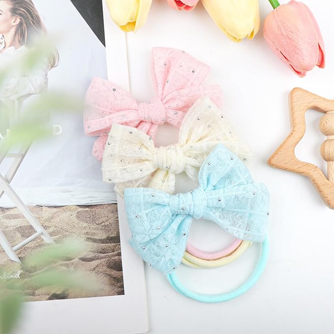 YanJie 3PCS 4’’ Lace Hair Bow for Girls Soft Nylon Baby Headbands Rhinestone Pink Blue Off White Bows Hair Accessories for Newborn Infant Toddler Girl