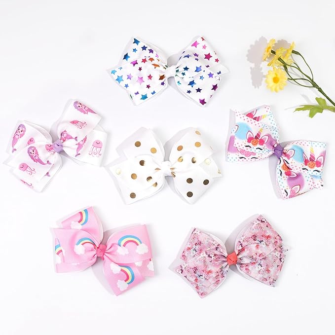 24PCS 4.5Inch Bows for Girls Boutique Grosgrain Ribbon Rainbow Hair Bow Alligator Hair Clips Pigtail Bows Unicorn Hair Clips for Baby Girls Toddler Kids Children Teens in Pairs