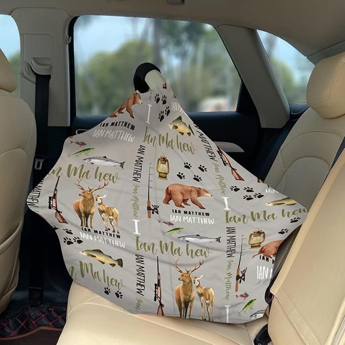 Personalized Baby Car Seat Cover Stroller Canopy: Custom Name Newborn Baby Boy Girl Elastic Animals Nursing Cover for Moms First Birthday Gift Hunting Fishing(one Size)