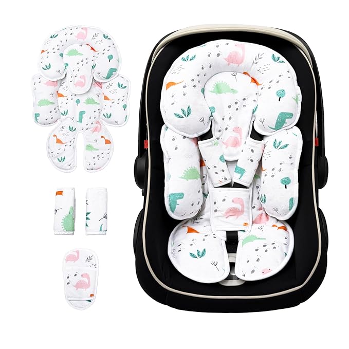 Infant Car Seat Insert, Soft Baby Car Seat Head Neck Pillow, Reversible Newborn Carseat Insert with Strap Covers, Universal Seat Pad for Carseats, Stroller, Swings, Bouncer, Dinosaurs