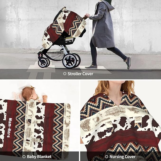 Personalized Western Style Car Seat Cover for Babies with Name, Custom Cowboy Carseat Canopy, Peekaboo Opening Nursing Breastfeeding Cover Infant Car Seat Canopies for Baby Boys Girls Newborn