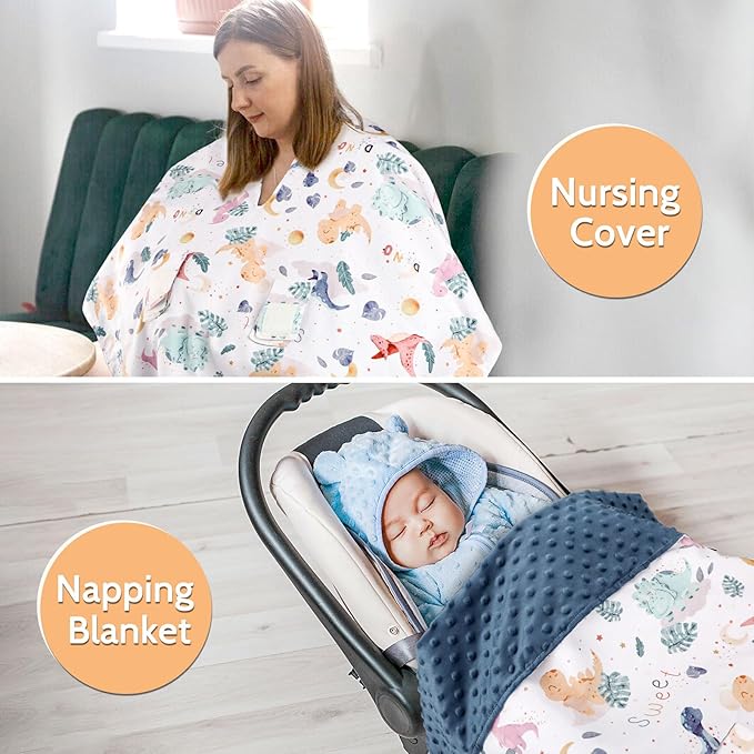 Baby Car Seat Cover for Boy, Minky Warm Winter Car Seat Covers for Babies, Peekaboo Opening Infant Car Seat Cover, Nursing Cover Carseat Canopy, Cute Dinosaur