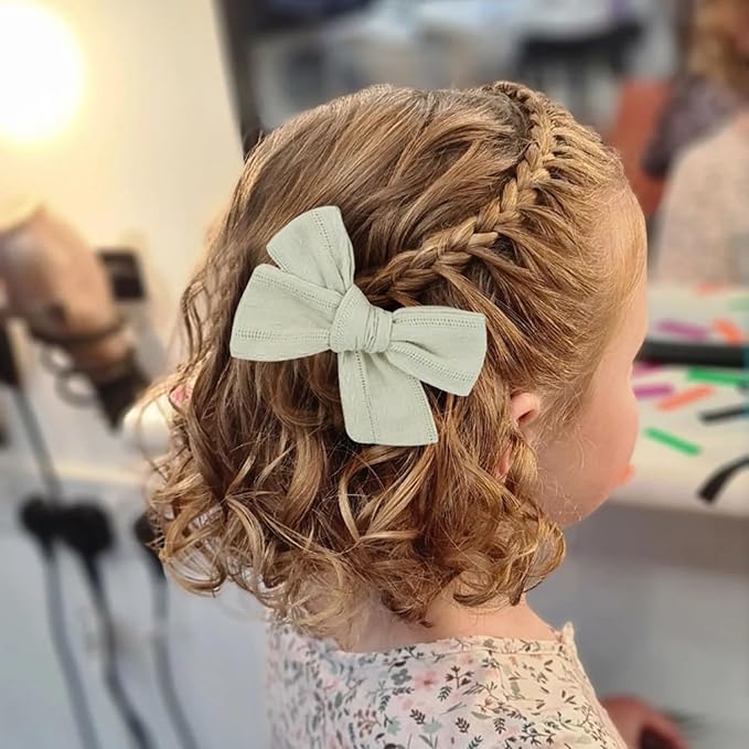 3.2'' Girls Light Green Linen Hair Bows Clips - Alligator Clips Hair Accessories for Little Girls, Toddlers, Kids, and Teens