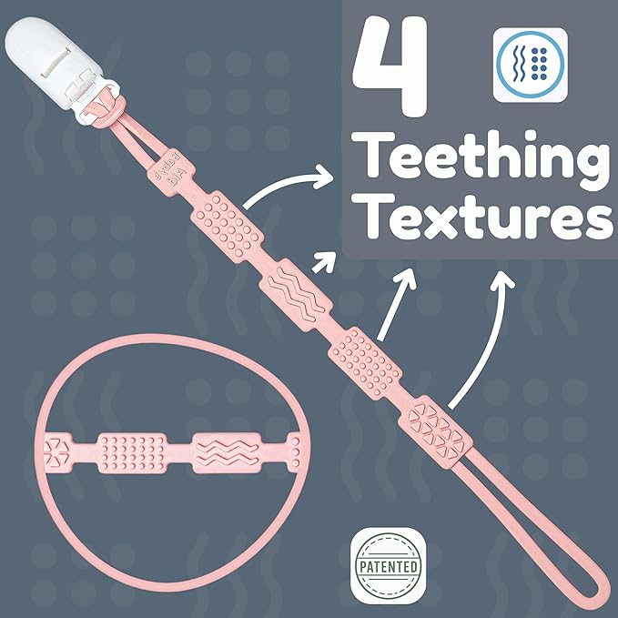 Silicone Pacifier Clip with 4 Teething Textures, One-Piece Patented Design, Dishwasher Safe, Secure Plastic Clip, Fits All Pacifiers, Baby’s Aid (Blush)