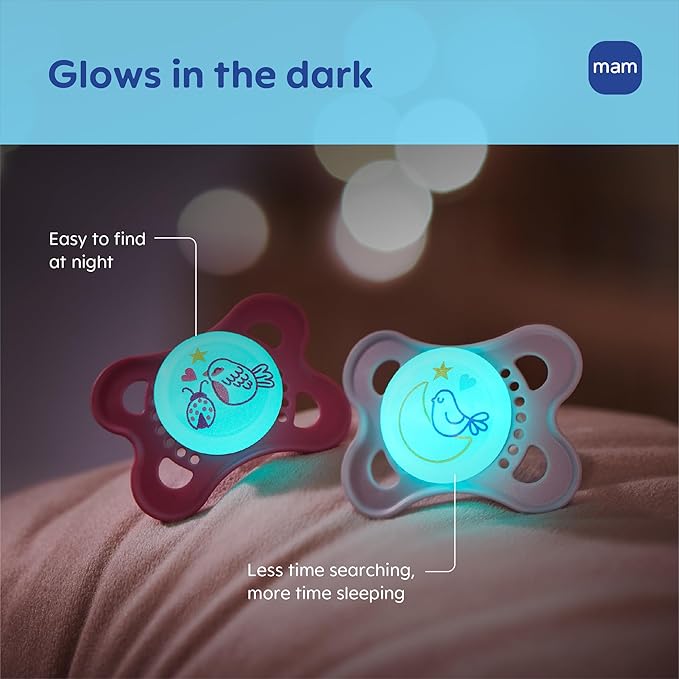 MAM Original Baby Pacifiers 0-6 Months, Binky for Newborn Babies, BPA-Free Skin Soft Silicone Nipple, Glows in The Dark, Developed with Medical Experts, 4 Count, Sterilizer Case, Made in Europe