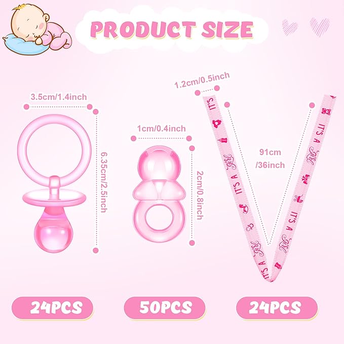 74 Pieces Baby Shower Pacifiers 24 Necklace Acrylic Plastic Pacifiers Baby Shower Game 50 Mini Plastic Charm Bulk for Party Decorations Games Table Scatter(Pink)