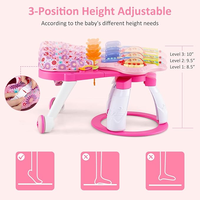 INFANS 3 in 1 Walk Around Baby Activity Center, Baby Walker with Play Table, Wheels, Detachable Seat Cushion, 3 Adjustable Heights, Learning Toys for Boys Girls Aged 6-36 Months (Pink)
