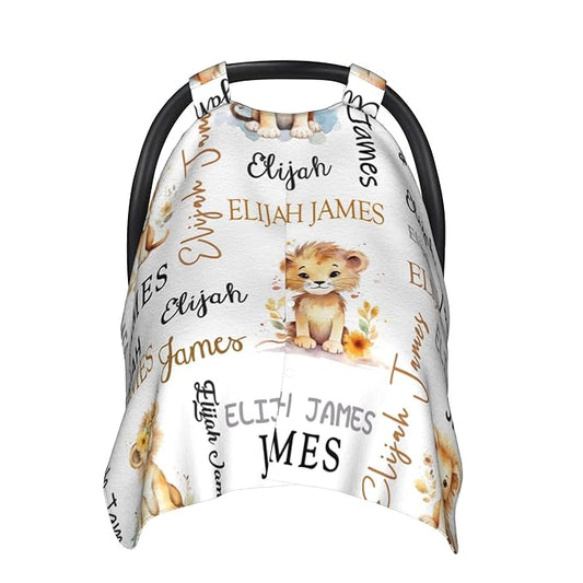 Personalized Baby Car Seat Canopy Minky Lion Baby Blanket Custom Name Baby Car Seat Cover Girls Boys Infant Newborn Carseat Canopy Nursing Cover for Stroller Car Seat Canopies