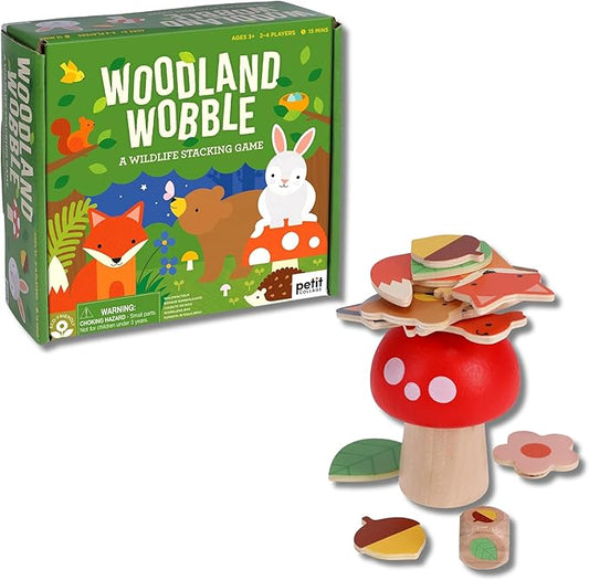 Petit Collage: Woodland Wobble | Wooden Stacking Game for Kids | Roll The Die and Stack The Objects on The Mushroom | Don't let The Tower Fall!| Great for Ages 4+