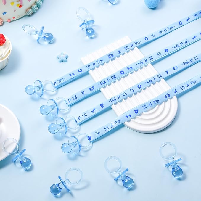 ZYFLSQ 60 Pieces Baby Shower Pacifiers Necklace, Acrylic Pacifier Necklaces for Baby Shower Games Boy Charm, Party Favors, Decorations DIY, Gender Reveal Table Scatter(Blue)