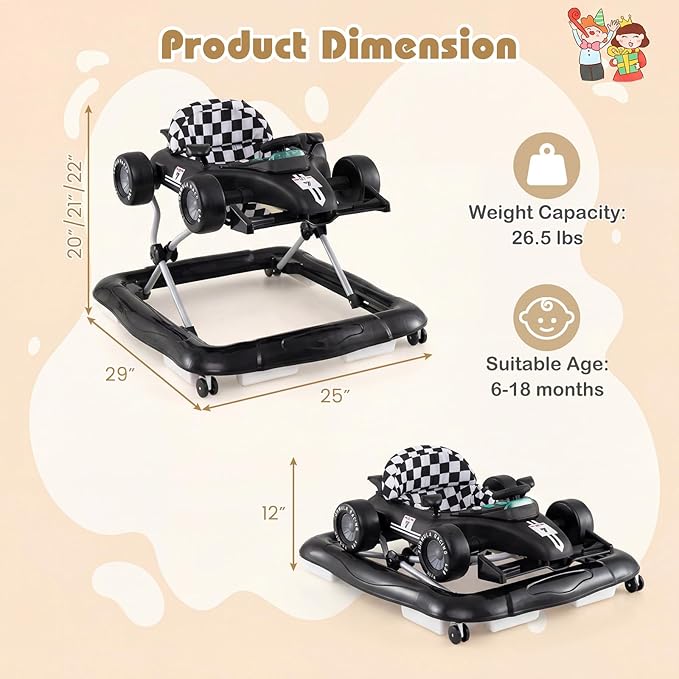 HONEY JOY Baby Walker, 4-in-1 Foldable Infant Activity Push Walker, Toddler Car Walker with Adjustable Heights, Music, Lights, Padded Seat, Baby Walker with Wheels for Boys Girls 6-18 Months (Black)