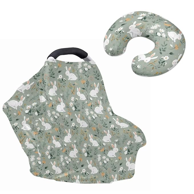 Bunny Carseat Canopy for Babies Cute Breastfeeding Nursing Pillow Slipcovers Breathable Fits Snug On Infant 2PCS Baby Feeding Essentials