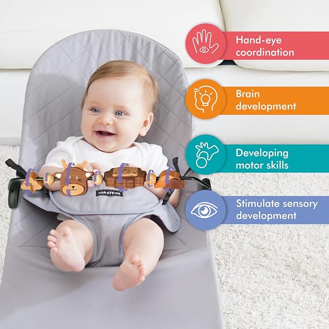 iGRATENS Three-Dimensional Baby Bjorn Bouncer Toy Bar, Toy for Baby Bouncer Soft & Bliss, Easy to Attach and Remove, 360°Rotating Natural Wooden Toys, Double-Sided Raised Design, Lion & Deer