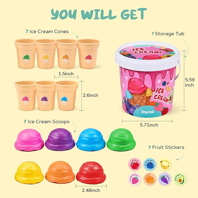 JoyCat Ice Cream Toy Set for Toddlers 1-5, Color Sorting & Stacking Toys, Pretend Play Food for Boy Girls Kids, Educational Fine Motor Skills Gift (7 Cones 7 Scoops 1 Bucket)