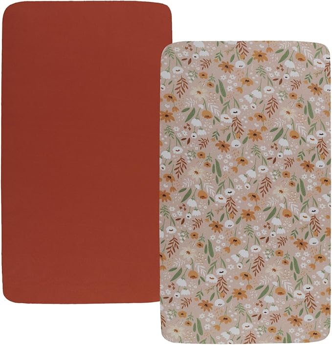 Stretchy Fitted Crib Sheets Set 2 Pack Portable Crib Mattress Topper for Baby Girl Boy,Ultra Soft Jersey Material, Orange & Floral