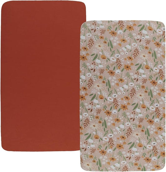 Stretchy Fitted Crib Sheets Set 2 Pack Portable Crib Mattress Topper for Baby Girl Boy,Ultra Soft Jersey Material, Orange & Floral