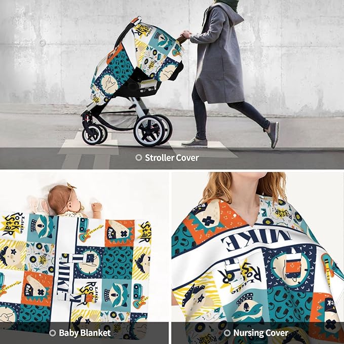 Personalized Baby Car Seat Canopy for Boys and Girls, Custom Name Baby Car Seats Covers for Babies, Opening Minky Nursing Breastfeeding Stroller Cover Infant Carseat Canopies for Newborn (Rock Theme)