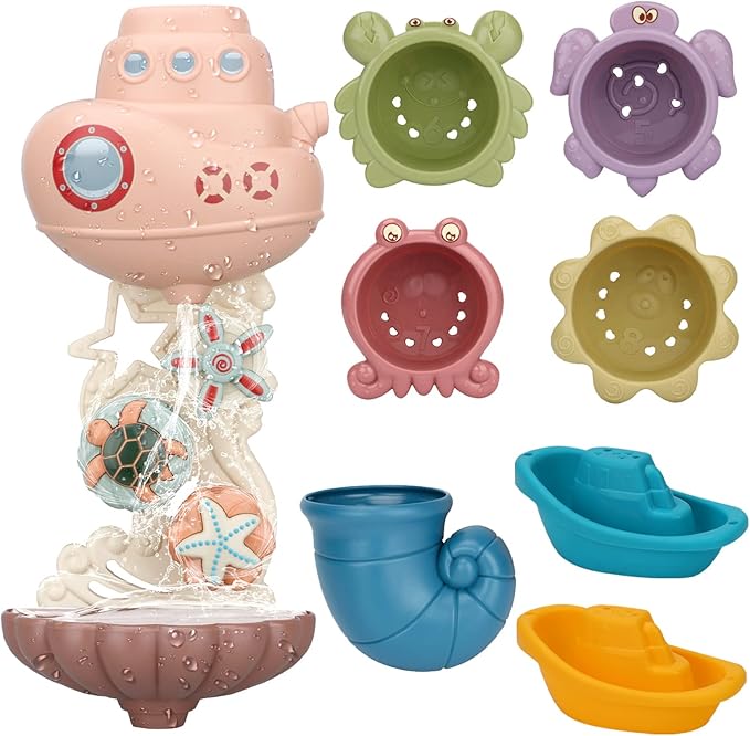 LZZAPJ Bath Toys for Toddlers Age 2-4, Bathtub Water Toys for Kids Age 1-3, Toddler Bath Toy Contains 4 Stackable Cups and 2 Boats and 1 Conch Spoon, Gift for Infants Boys Girls 6-12 Months