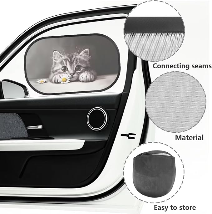 Bulopur Cat Kitten Car Sun Shade 2 Pack Window Shade Baby in Car UV Protection Breathable Side Windshield Sunshade Easy to Install Sun Shade Side Window Universal Fit