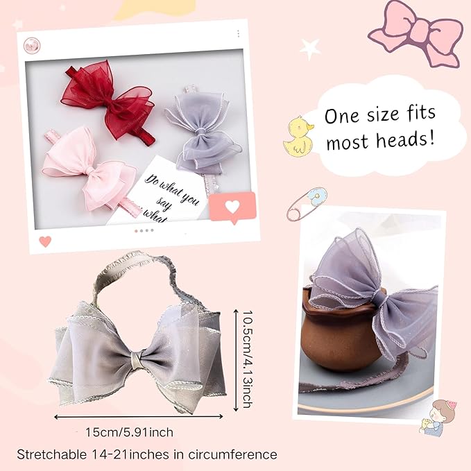 Cute Lace Bow Baby Girls Headbands Large Knot Hair Band Soft Chiffon Hairband Elastic Shower Hair Accessories for Newborn Infant Toddler Kids (Grey A, Elastic)