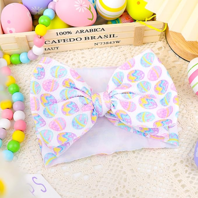 7” Large Baby Bows Easter Egg Bows Headbands for Girls Newborn Infant Elastic Tied Hairbands Bows Easter Cute Hair Accessories Gift Pink White Blue
