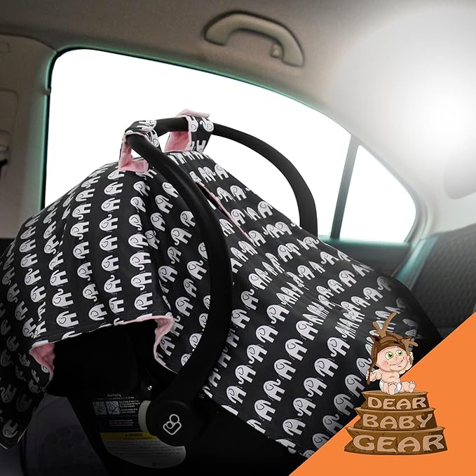 Dear Baby Gear Car Seat Canopy - Infant Car Seat Cover for Maximum Protection and Style - Soft and Breathable - Carseat Canopies for Boys and Girls - Elephants on Gray/Pink Dot - 40"x30"