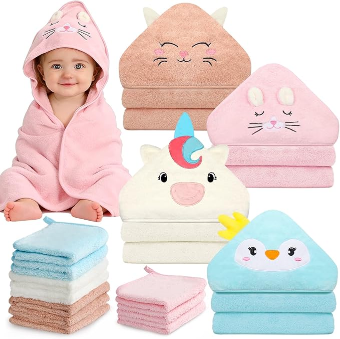 Flasoo 14 Pcs Baby Towel Set, Soft Baby Bath Towels and Washcloths Set, 4 Pcs 32x32 in Animal Hooded Bath Towel & 10 Pcs Baby Washcloths for Infants, Toddlers and Kids for Boys or Girls