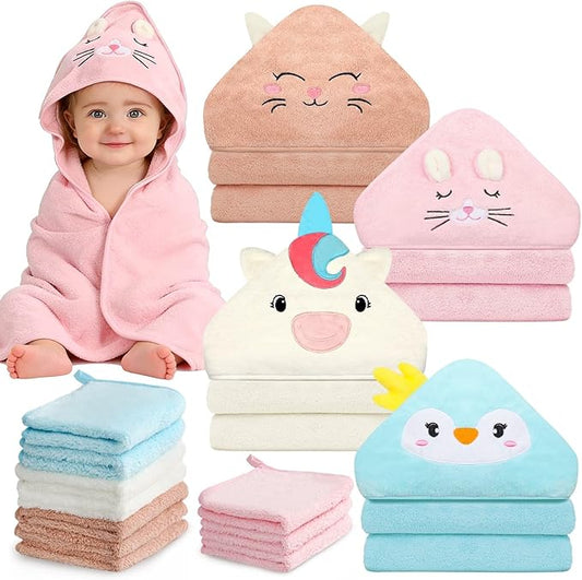 Flasoo 14 Pcs Baby Towel Set, Soft Baby Bath Towels and Washcloths Set, 4 Pcs 32x32 in Animal Hooded Bath Towel & 10 Pcs Baby Washcloths for Infants, Toddlers and Kids for Boys or Girls