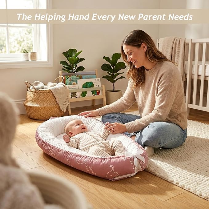 Baby Lounger for Newborn (0-24 Months) - 100% Cotton Baby Nest with Handles, 2-in-1 Play Mat & Diaper Changing Pad, Portable for Home & Travel, Infant Essentials Gifts (Elephant Pink)