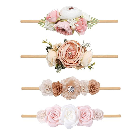 Baby Girl Flower Headband 4 PCS Elastic Hairbands Handmade Nylon Bows Headbands Chic Floral Hair Accessories Kids Gifts for Newborn Infant Toddlers