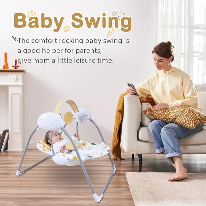 Baby Swing for Infant,Newborn Swing with Music,5 Speed Levels,Timing Setting,Soft Cushion,Foldable Infant Swing with Hanging Elephant Toy & Mirror for Indoor Outdoor Use 0-9 Months